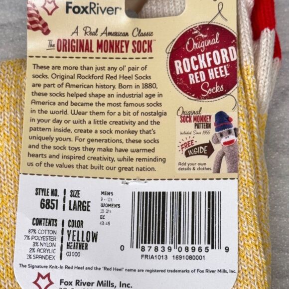 Two Pairs YELLOW Rockford Red Heel Socks LARGE Sock Monkey USA Fox River Mills - Picture 5 of 5